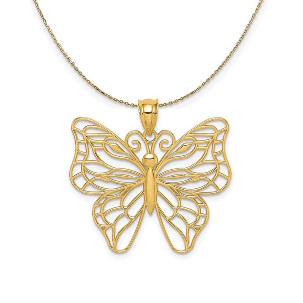 14k Yellow Gold Large Open Butterfly Necklace - 16 Inch
